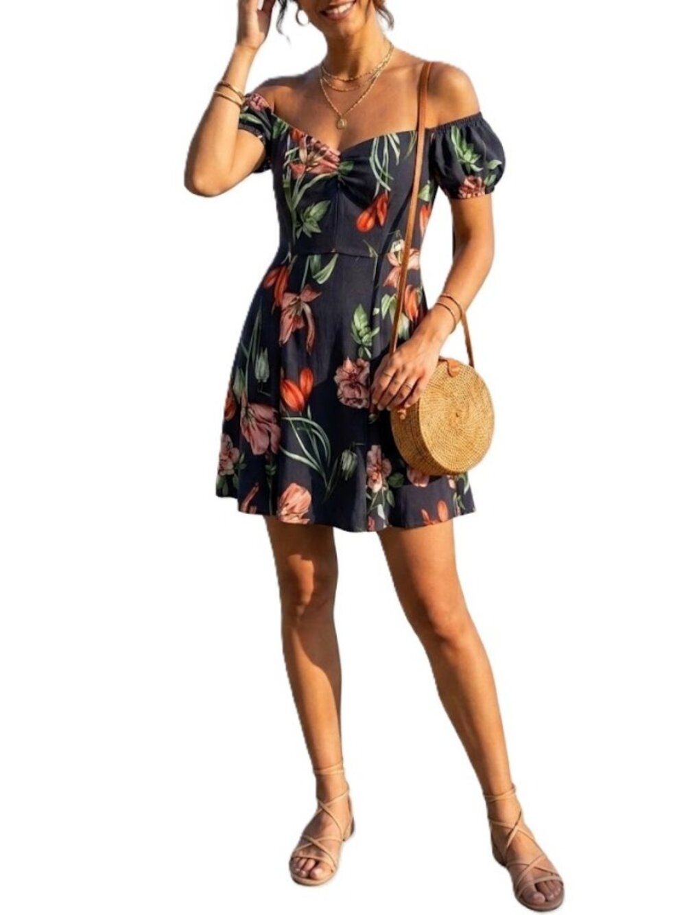 ASTR The Label Navy Floral Off-The-Shoulder A-Line Mini Dress Small EUC